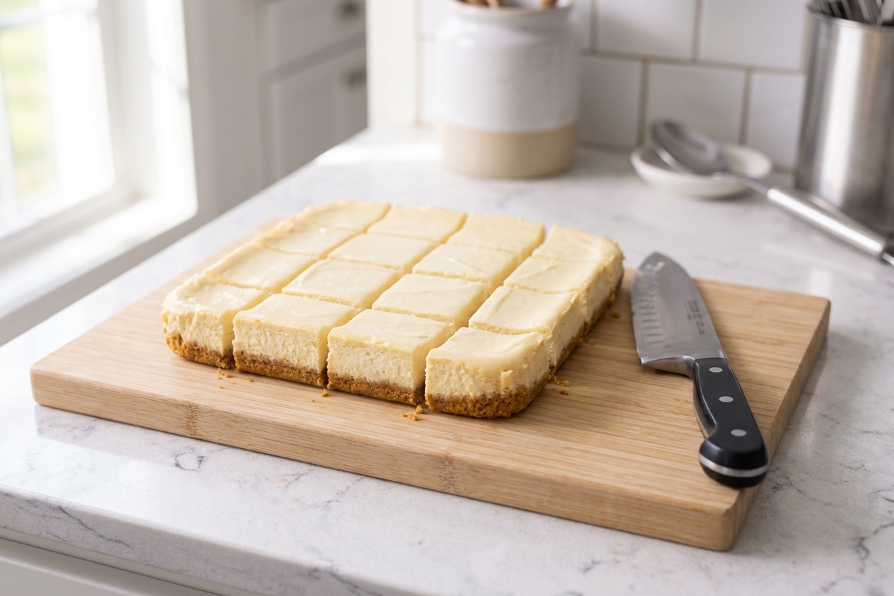 Neatly sliced cheesecake bites in even squares on a cutting board with a knife nearby in a bright kitchen