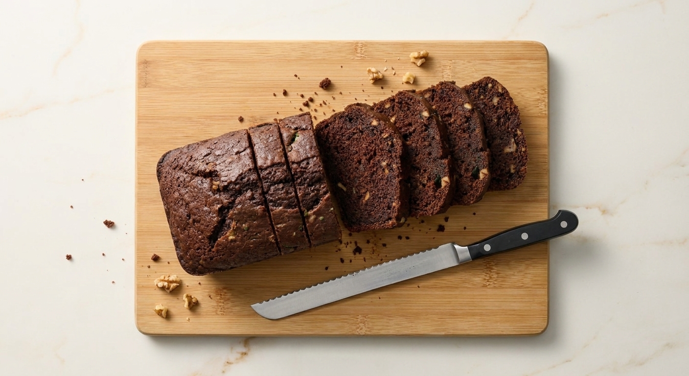 Neatly sliced chocolate zucchini bread on a cutting board with a serrated knife nearby and a few crumbs scattered.