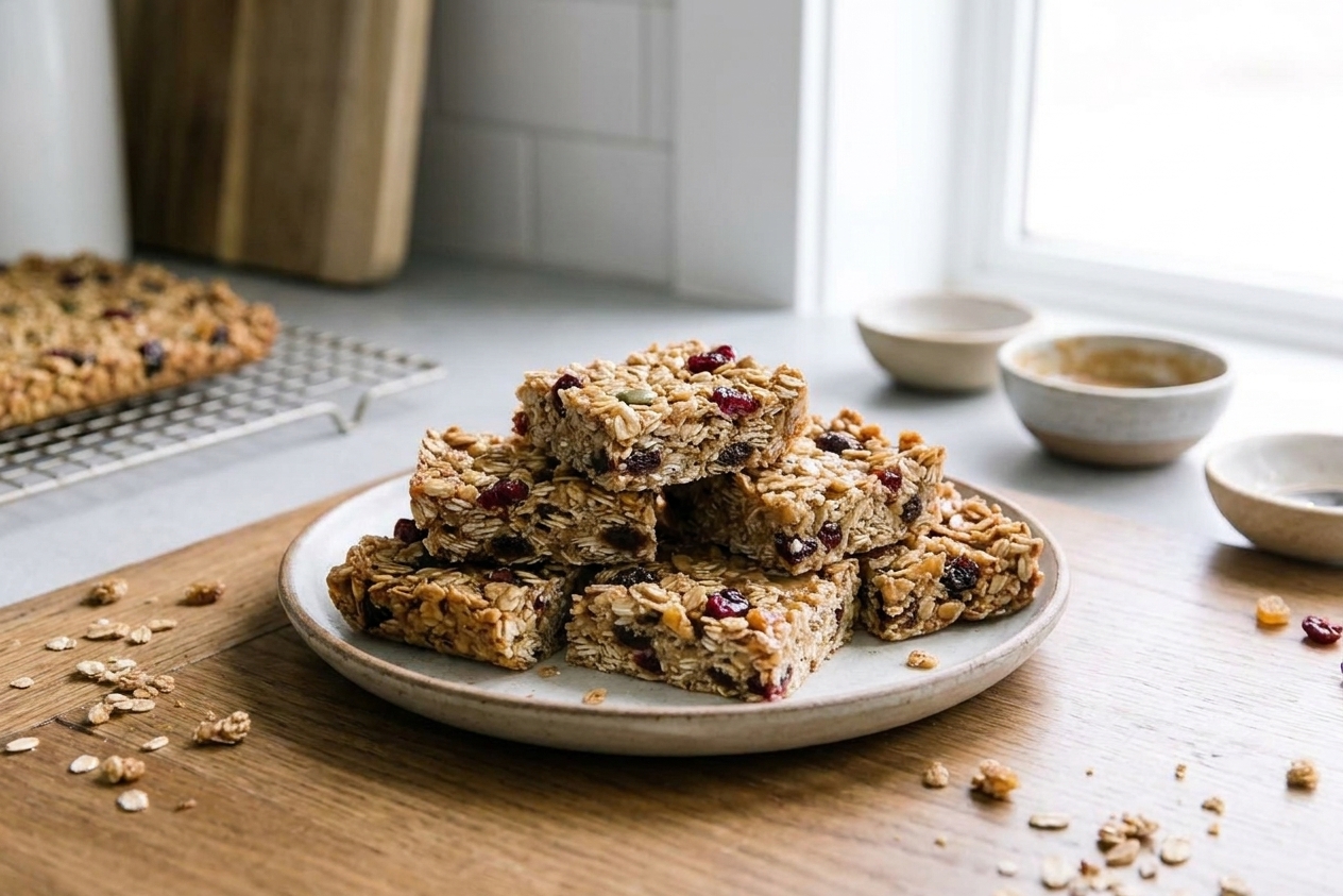 Neatly sliced granola flapjack bars stacked on a simple ceramic plate on a wooden table setting
