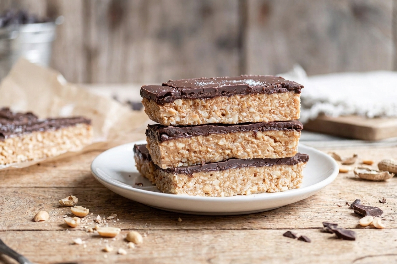 Neatly sliced homemade peanut butter protein bars stacked on a plate with a few crumbs on the side