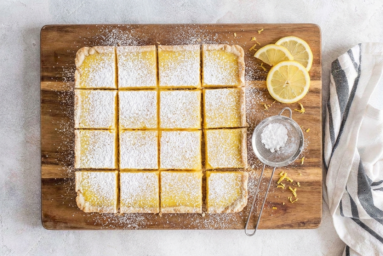 Neatly sliced lemon squares on a wooden cutting board with powdered sugar dusted over the top