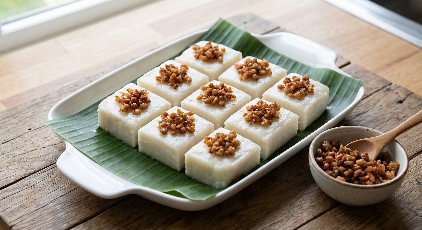 Neatly sliced maja blanca squares on a serving plate with a small bowl of latik nearby on a simple table setting