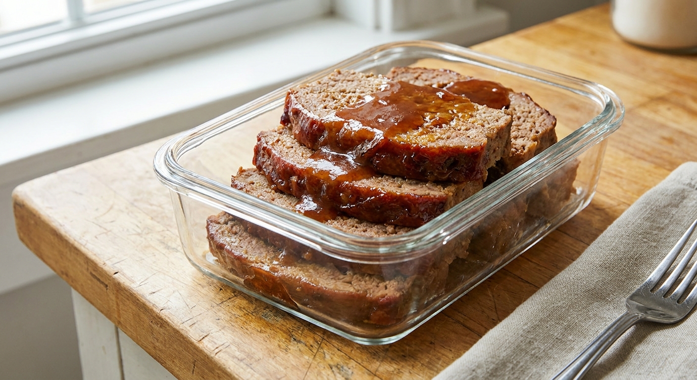 Neatly sliced meatloaf stacked in a glass airtight container with a little glaze visible on top, sitting on a kitchen counter