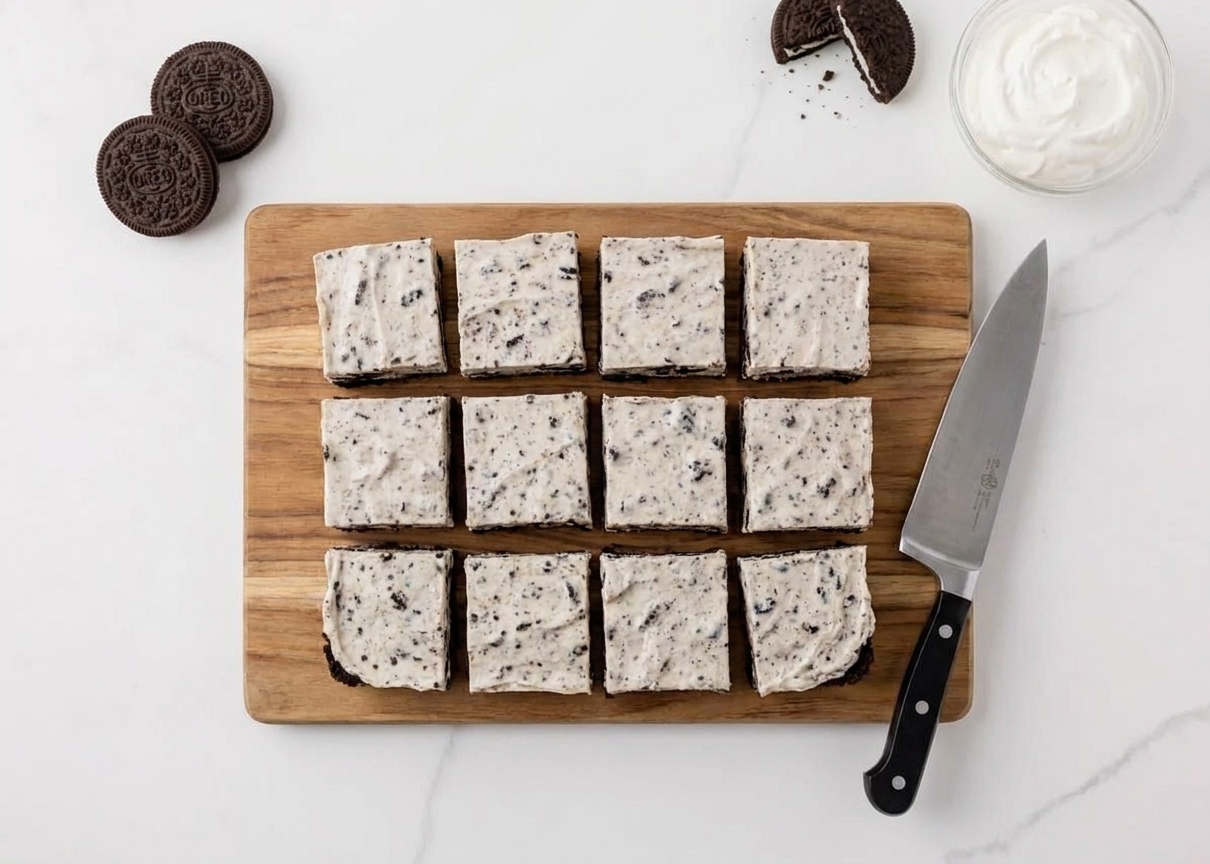 Neatly sliced no-bake Oreo cheesecake bars on a cutting board with a sharp knife nearby