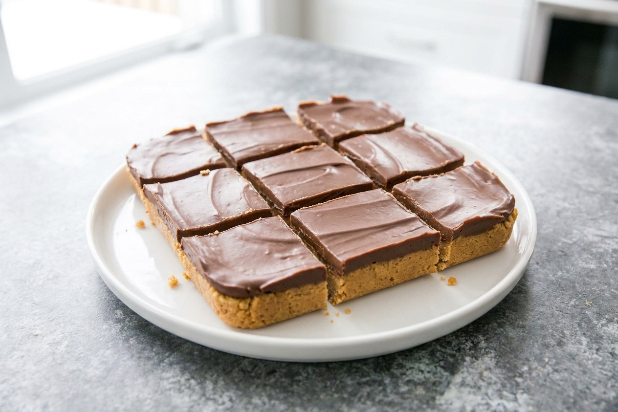 Neatly sliced peanut butter bars with a smooth chocolate top arranged on a white plate on a bright kitchen table