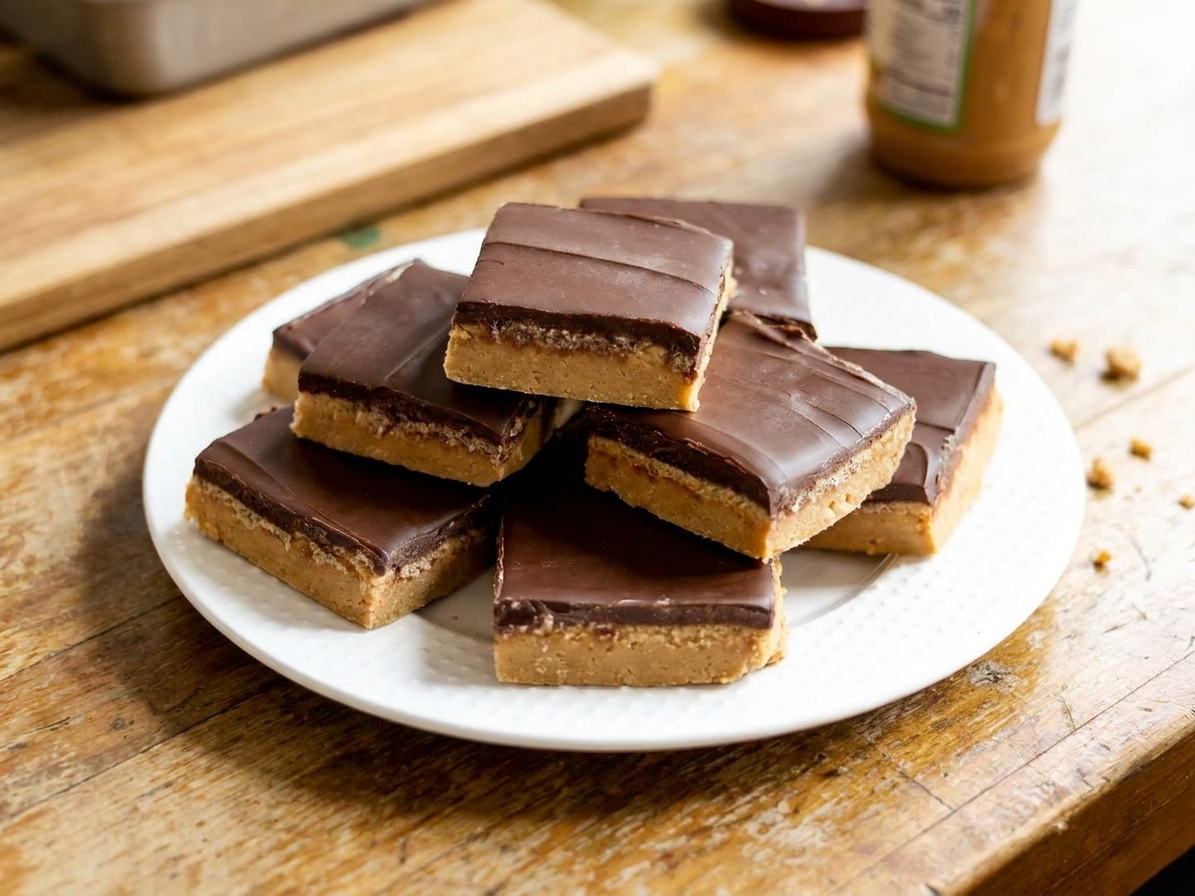 Neatly sliced peanut butter cup bars arranged on a plate, showing a thick peanut butter layer and a smooth chocolate top