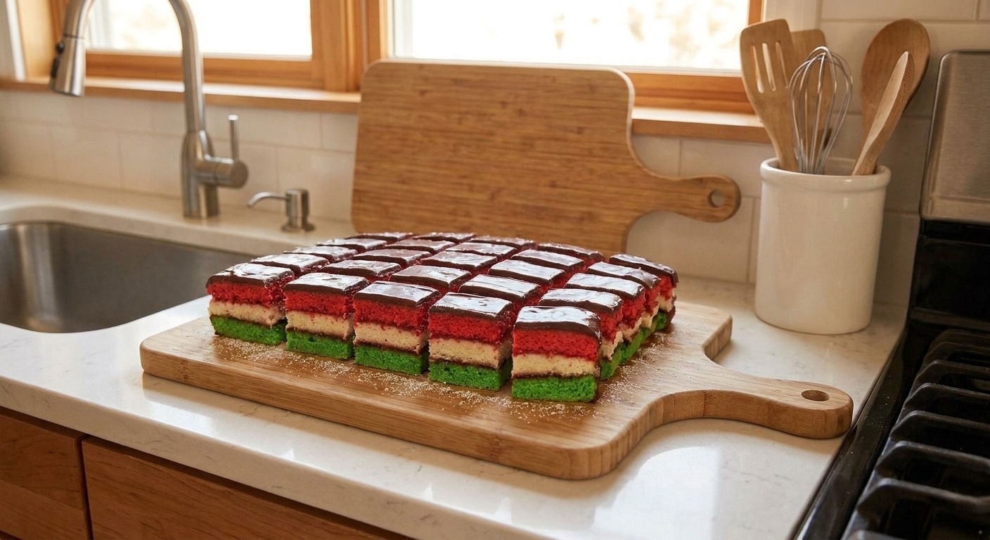 Neatly sliced rainbow cookies showing green, plain, and red layers with jam and a dark chocolate top, arranged on a wooden cutting board