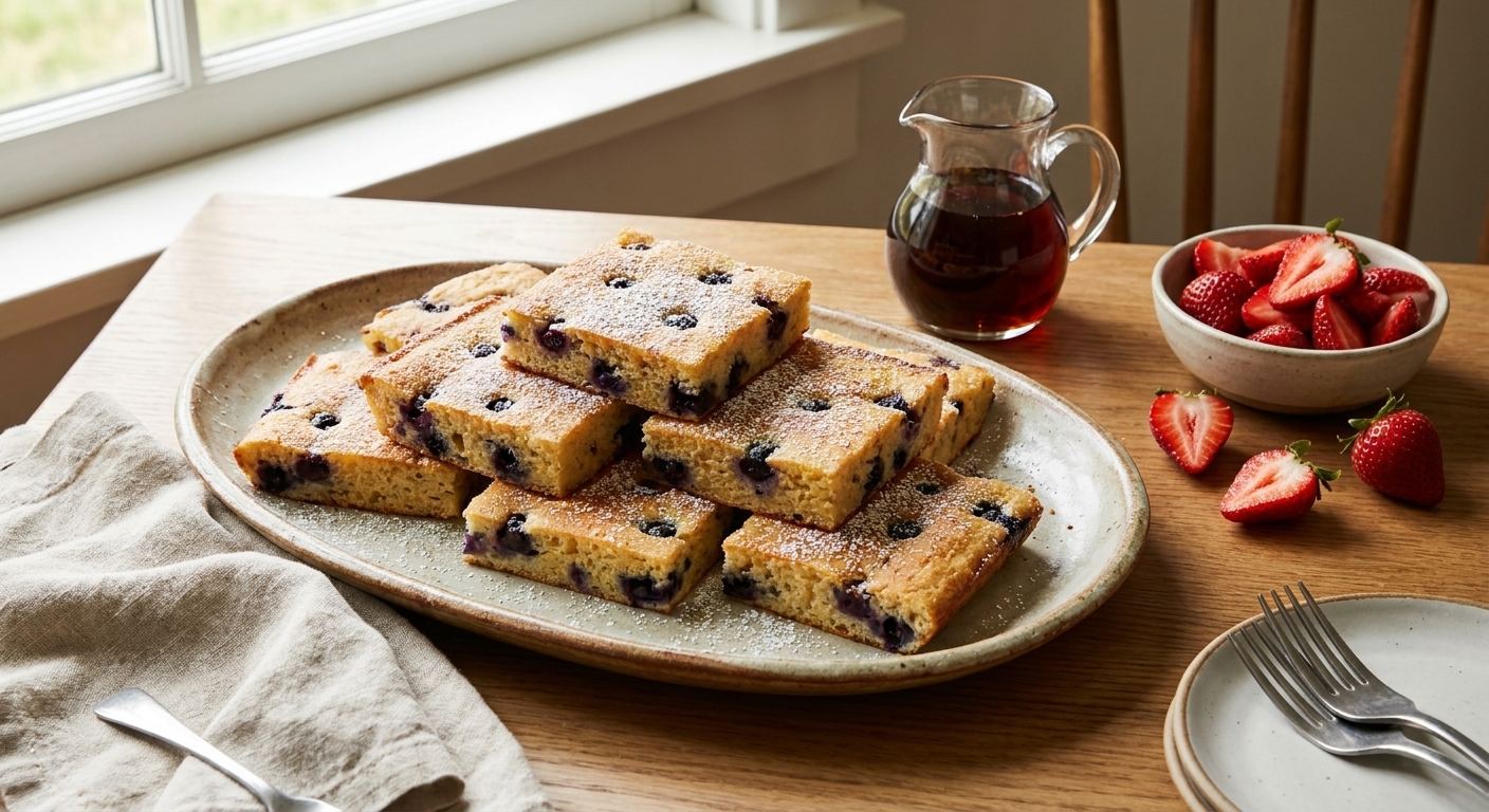 Neatly sliced sheet pan pancake squares stacked on a platter with a small pitcher of maple syrup and fresh strawberries nearby on a breakfast table, real food photography style
