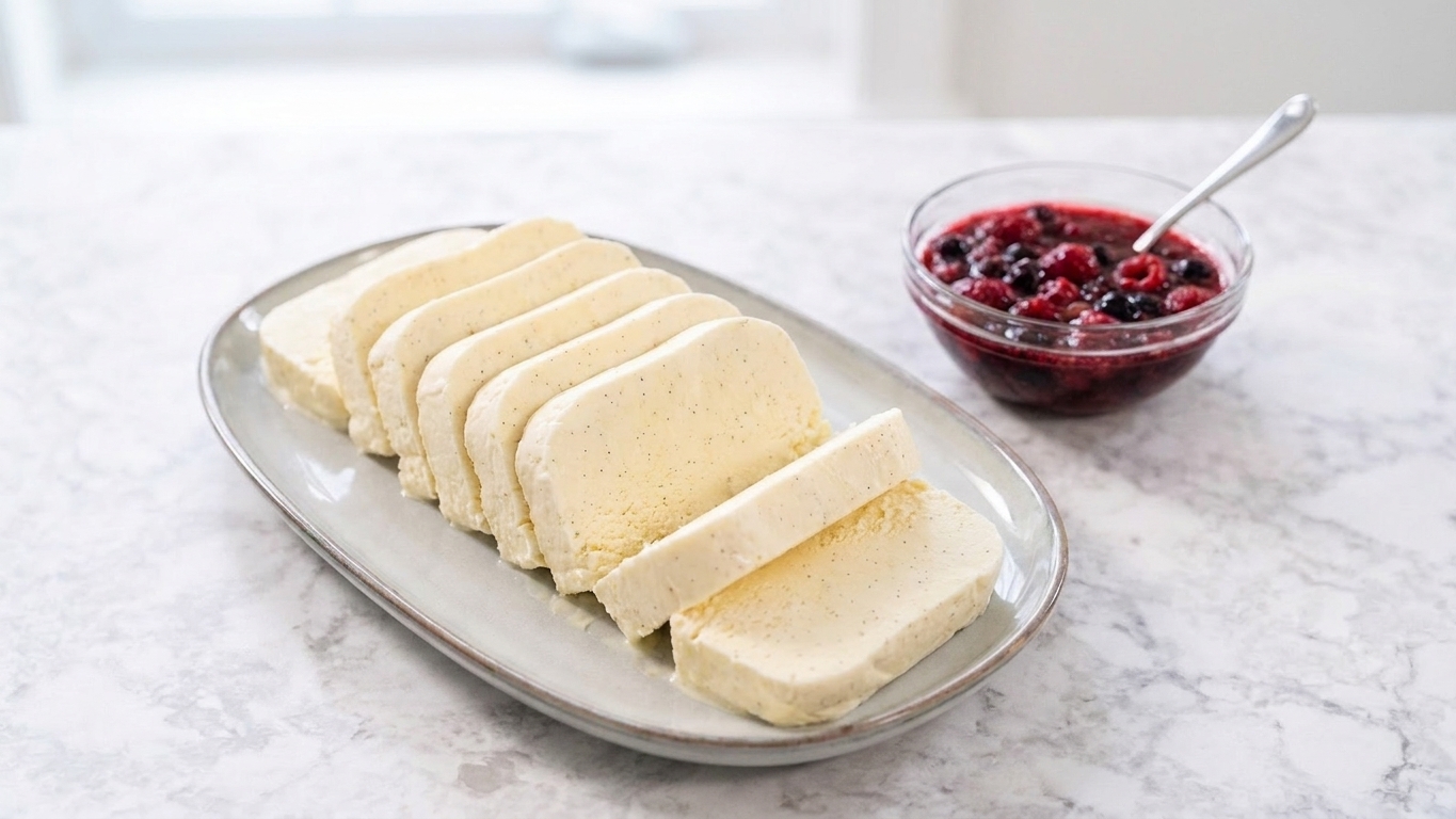 Neatly sliced vanilla semifreddo arranged on a serving platter with a small bowl of berry sauce nearby on a kitchen table