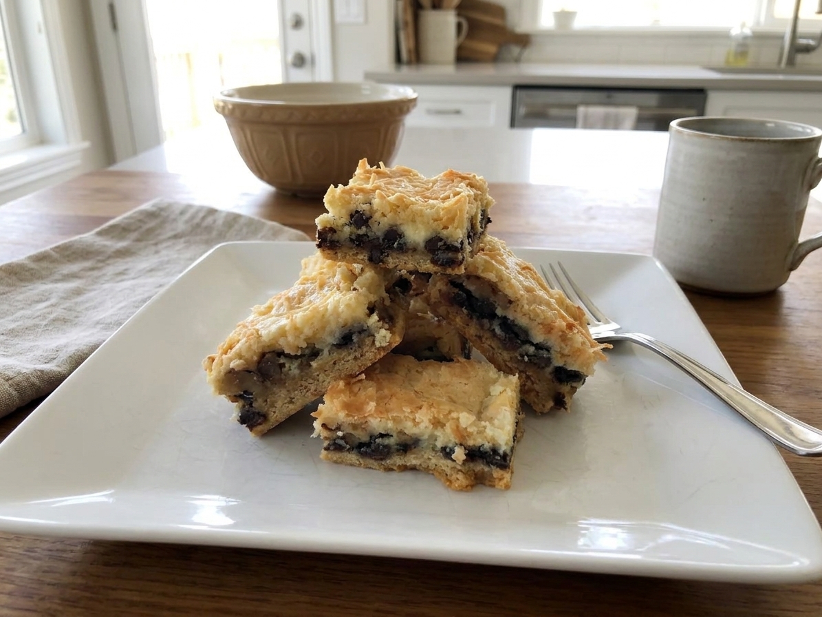 Neiman Marcus cake cut into neat squares with a soft cream cheese layer visible, served on a simple plate at a kitchen table