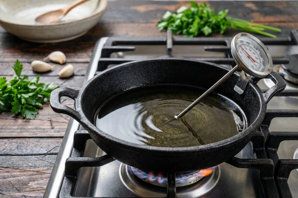 Neutral oil heating in a cast iron skillet on a stovetop with a thermometer clipped to the side