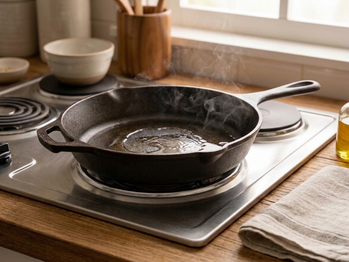 Neutral oil shimmering in a hot cast iron skillet on a stovetop burner