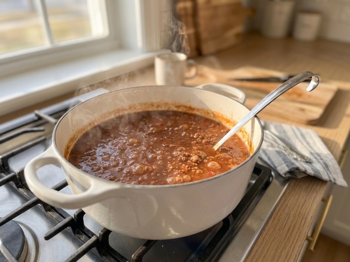 No bean chili simmering in a Dutch oven with small bubbles breaking the surface, a ladle resting on the rim, cozy kitchen lighting