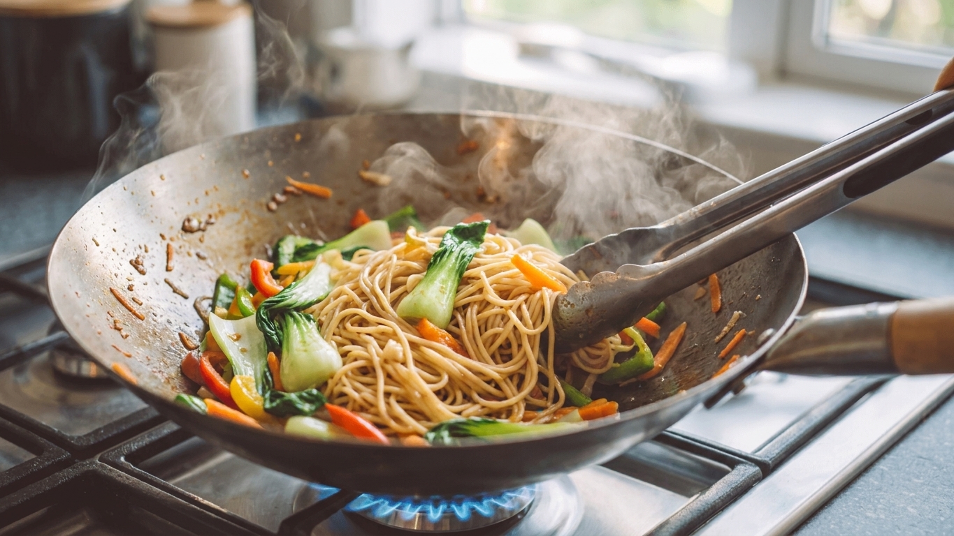 Noodles and vegetables being tossed in a hot wok with tongs on a stovetop