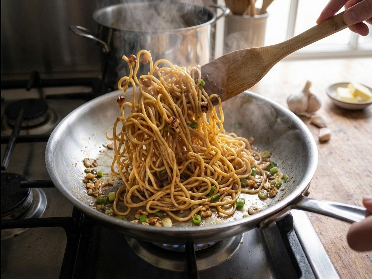 Noodles being tossed in a hot skillet as they start to brown slightly on the edges