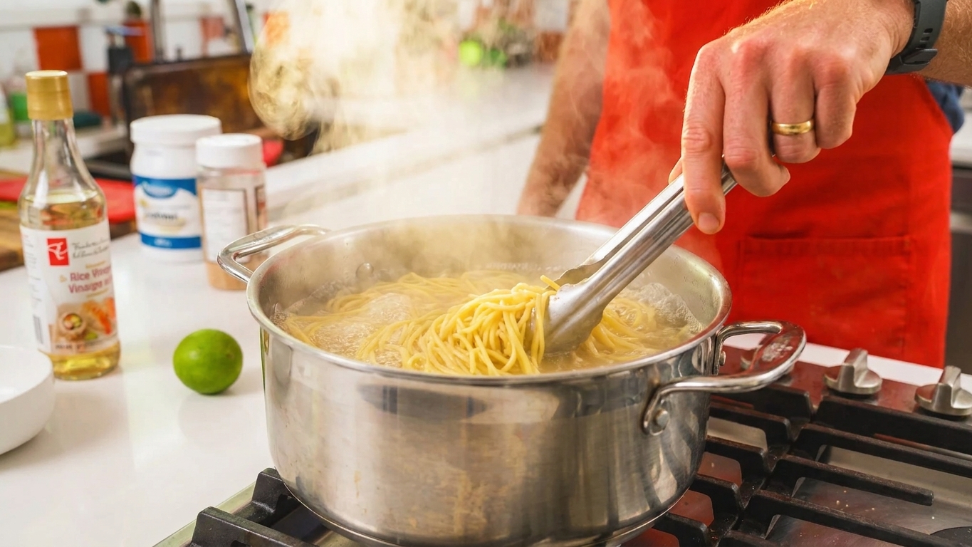Noodles boiling in a large pot on a stovetop with steam rising in a home kitchen