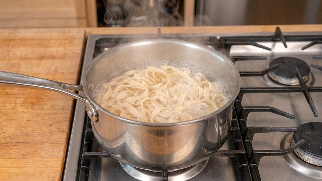 Noodles boiling in a medium pot of water on the stovetop with steam rising