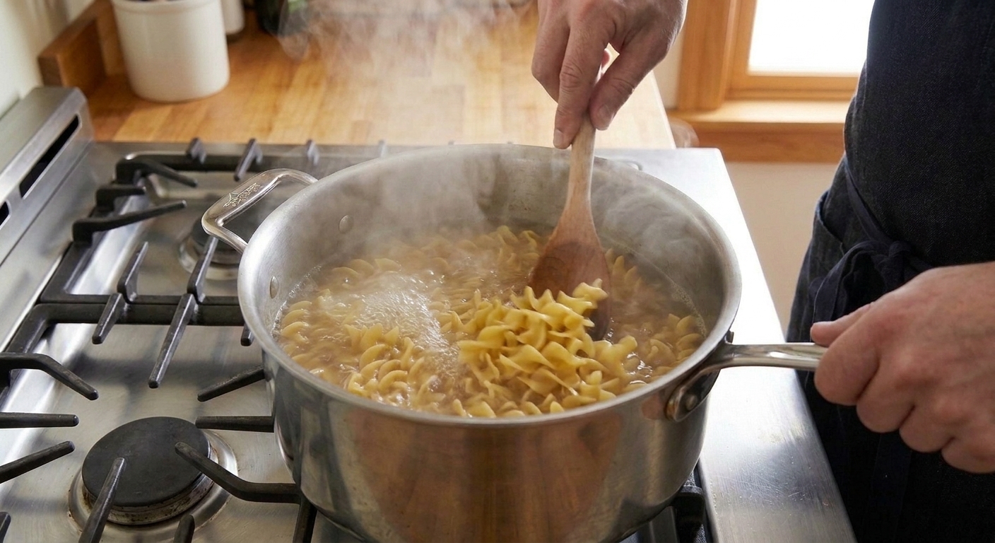 Noodles boiling in a pot of water on the stove with steam rising