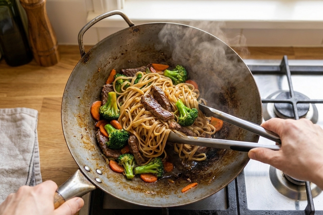 Noodles, vegetables, and beef being tossed together with tongs in a wok as the sauce turns glossy