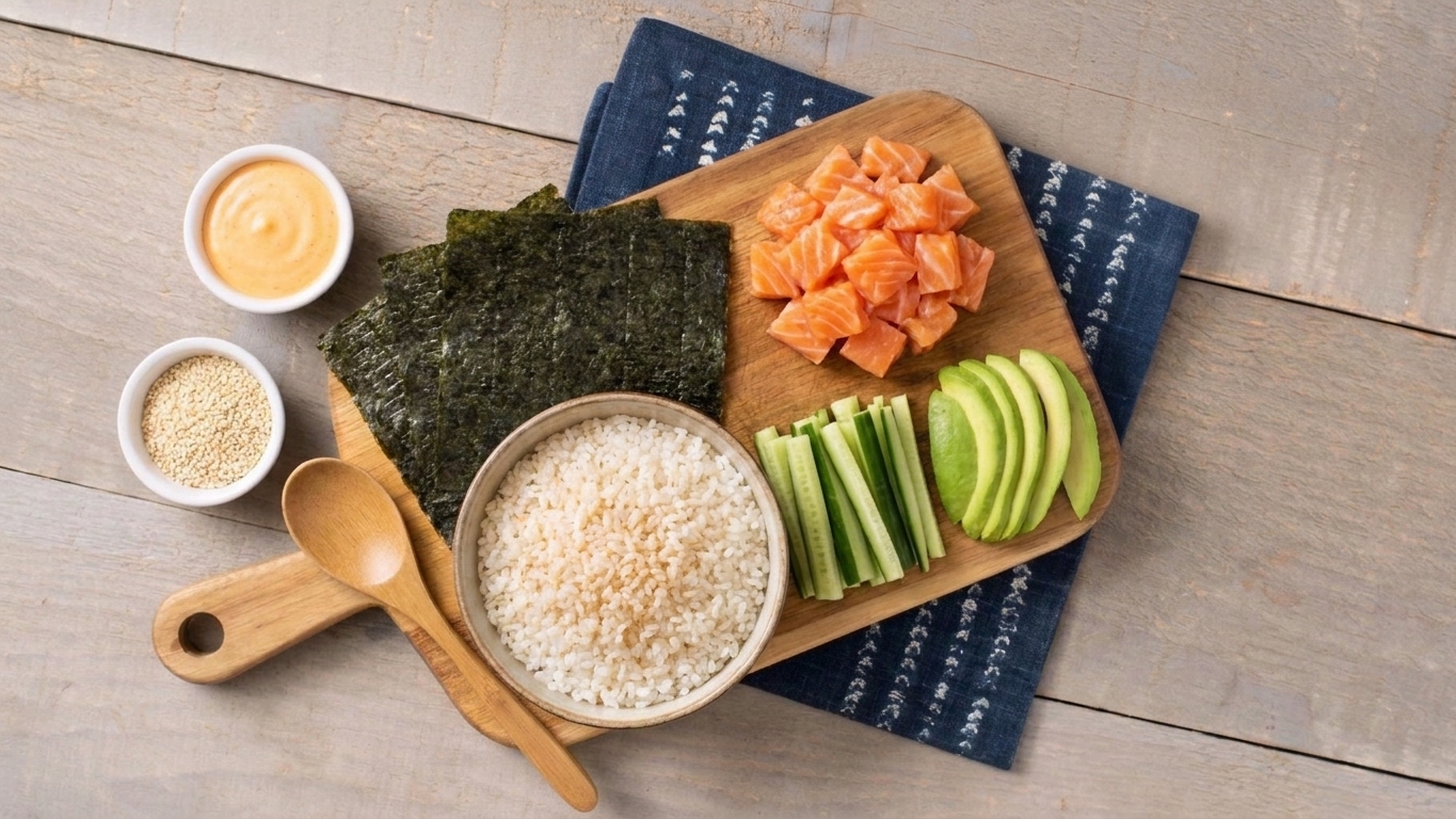 Nori sheets, seasoned sushi rice, diced salmon, cucumber sticks, avocado slices, and small bowls of sriracha mayo and sesame seeds arranged on a clean kitchen counter