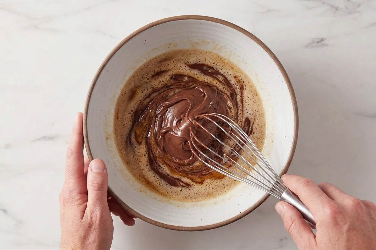 Nutella being whisked into warm browned butter in a large mixing bowl on a kitchen counter