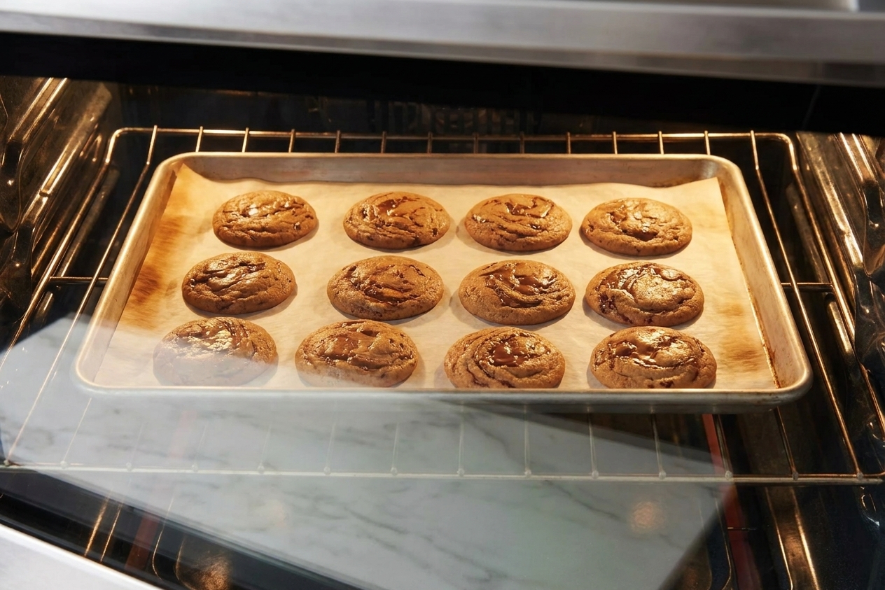 Nutella cookies baking on a parchment-lined sheet pan inside a home oven