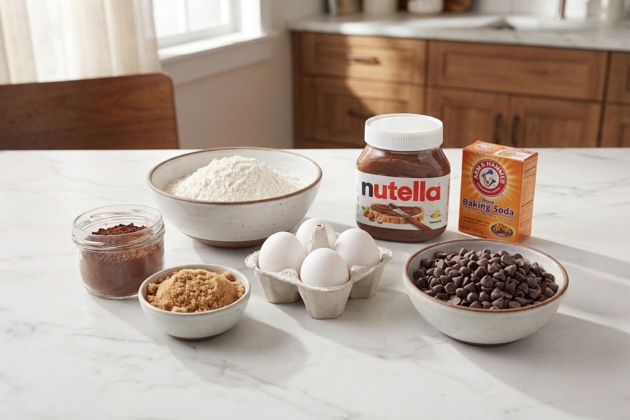 Nutella jar, flour, brown sugar, eggs, cocoa powder, baking soda, and chocolate chips arranged on a bright kitchen counter