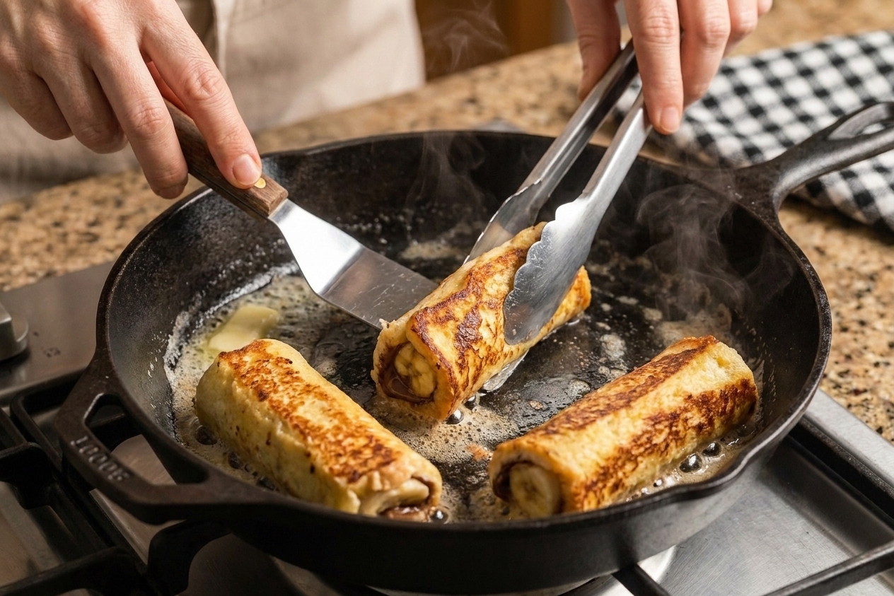 Nutella-stuffed French toast roll-ups browning in a buttered skillet on a stovetop, golden edges forming