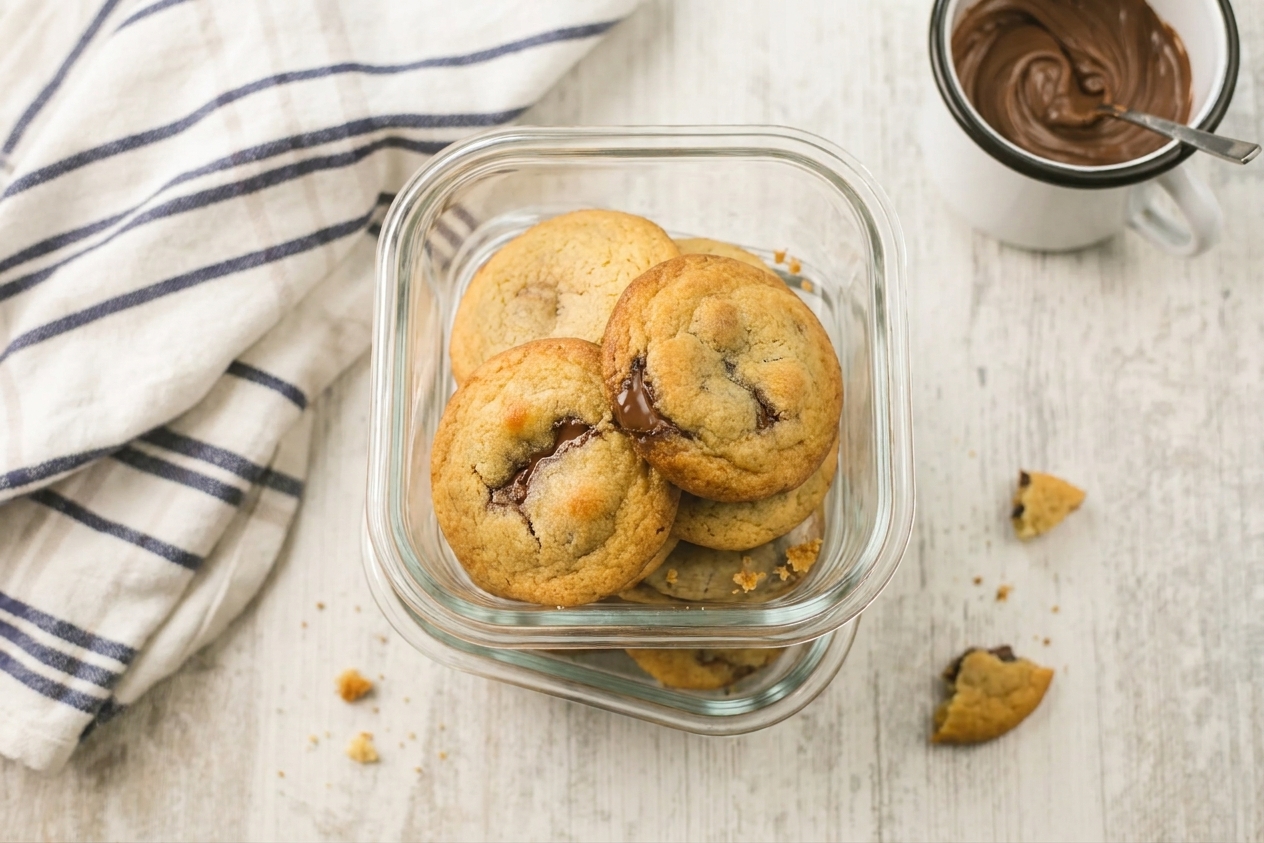 Nutella stuffed cookies stacked in an airtight container on a kitchen counter with a few crumbs nearby