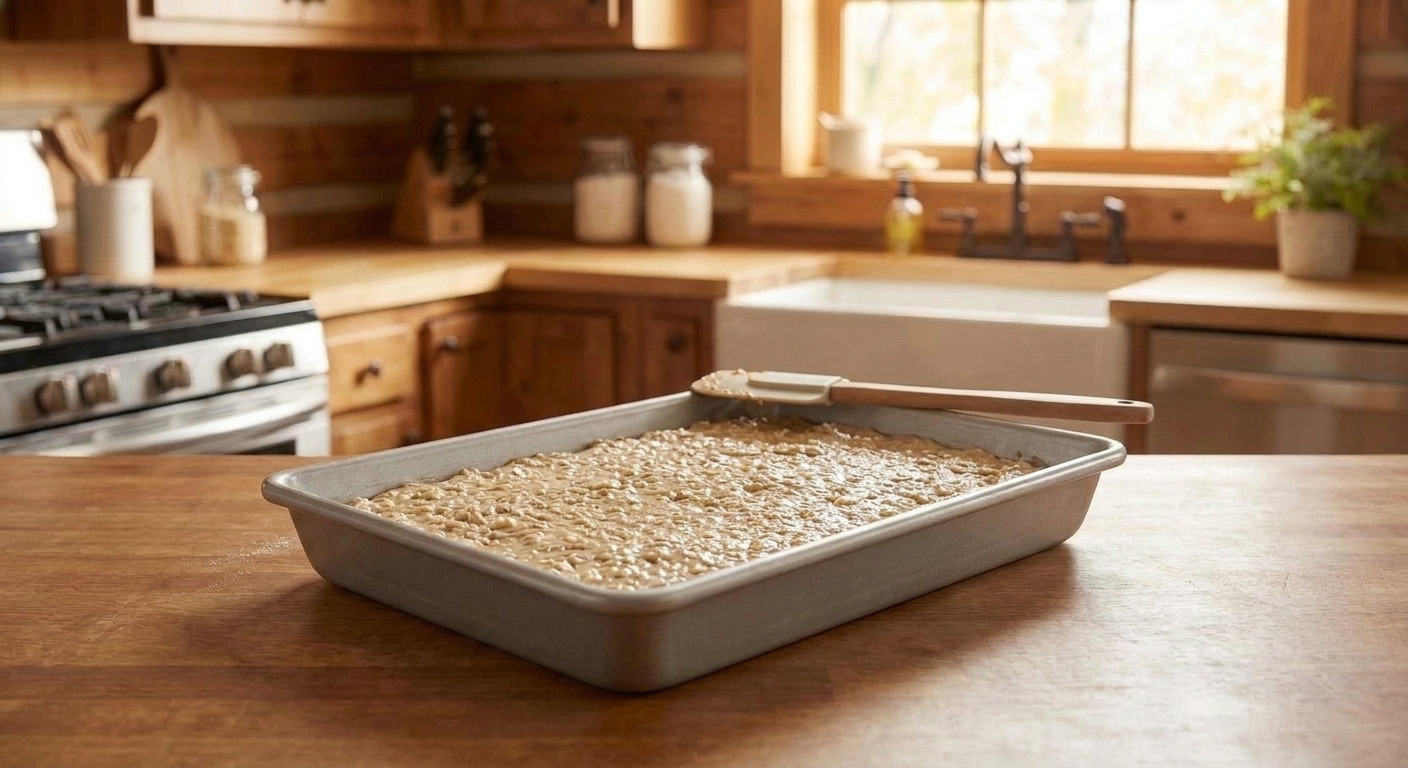 Oatmeal cake batter spread evenly in a 9x13-inch pan