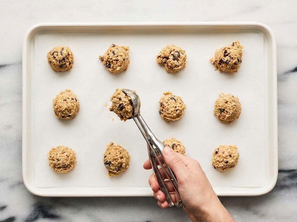 Oatmeal cookie dough being scooped with a cookie scoop onto a parchment-lined baking sheet on a kitchen counter