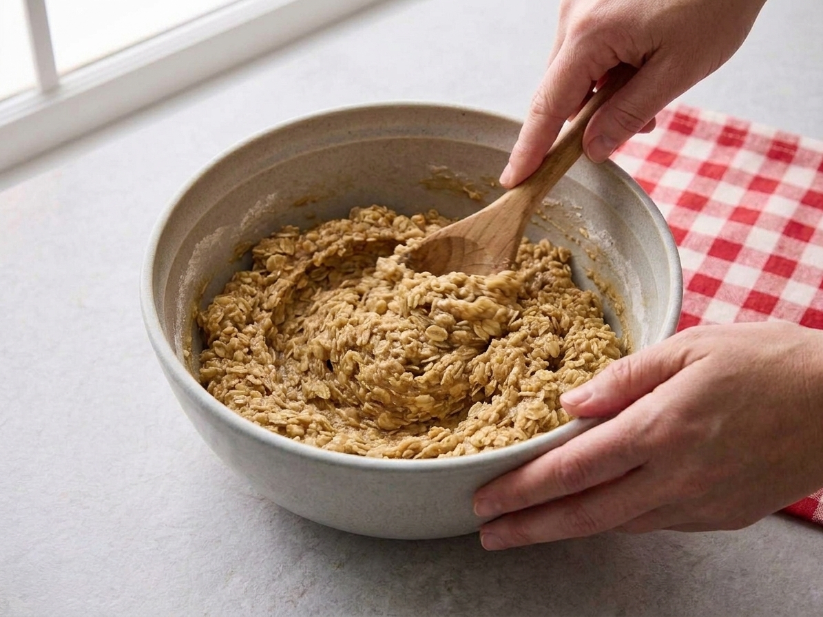 Oatmeal cookie dough being stirred in a mixing bowl