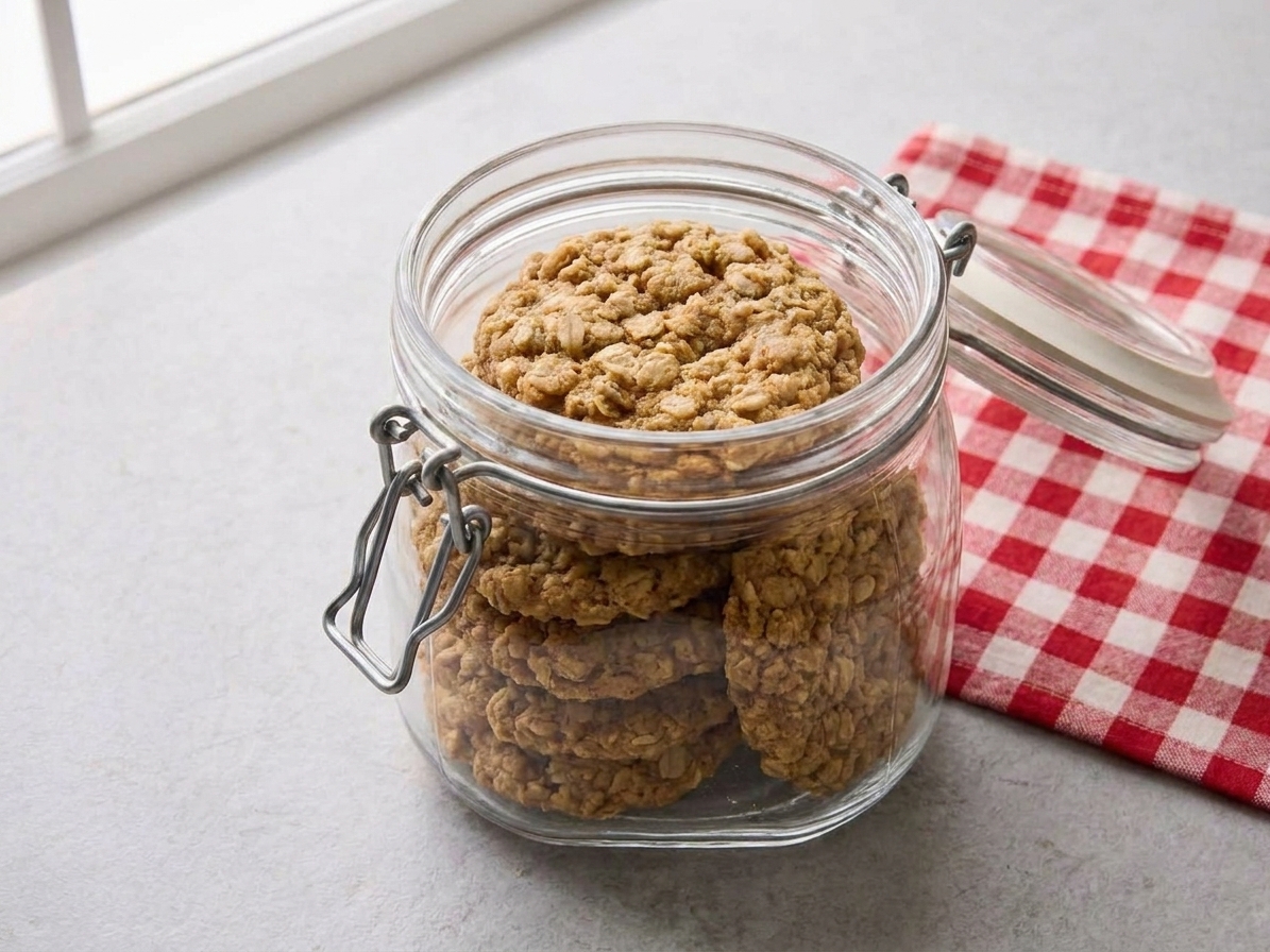 Oatmeal cookies stacked inside a clear airtight container