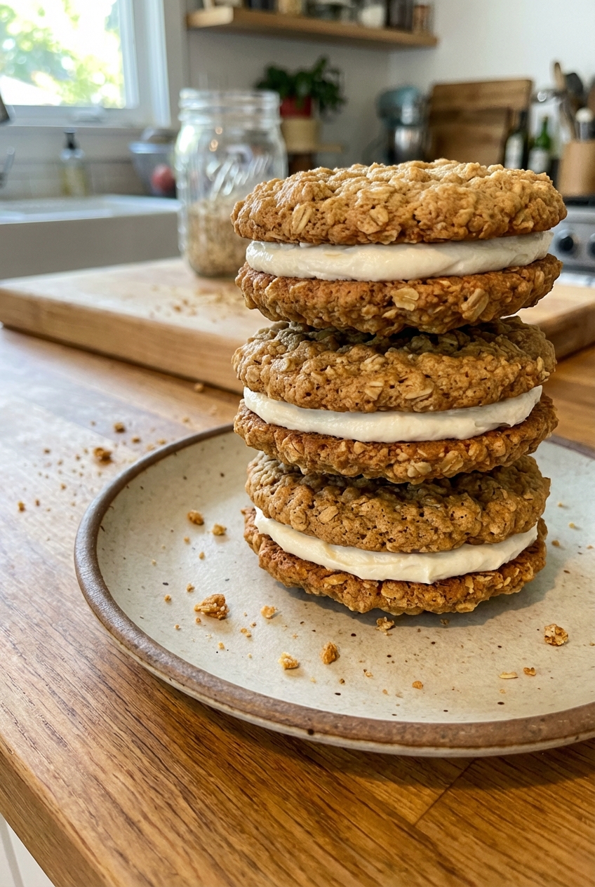 Oatmeal cookies with a creamy filling stacked on a plate