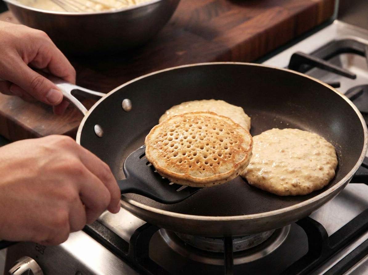 Oatmeal pancakes cooking in a nonstick skillet with bubbles forming on the surface as a spatula slides underneath one pancake