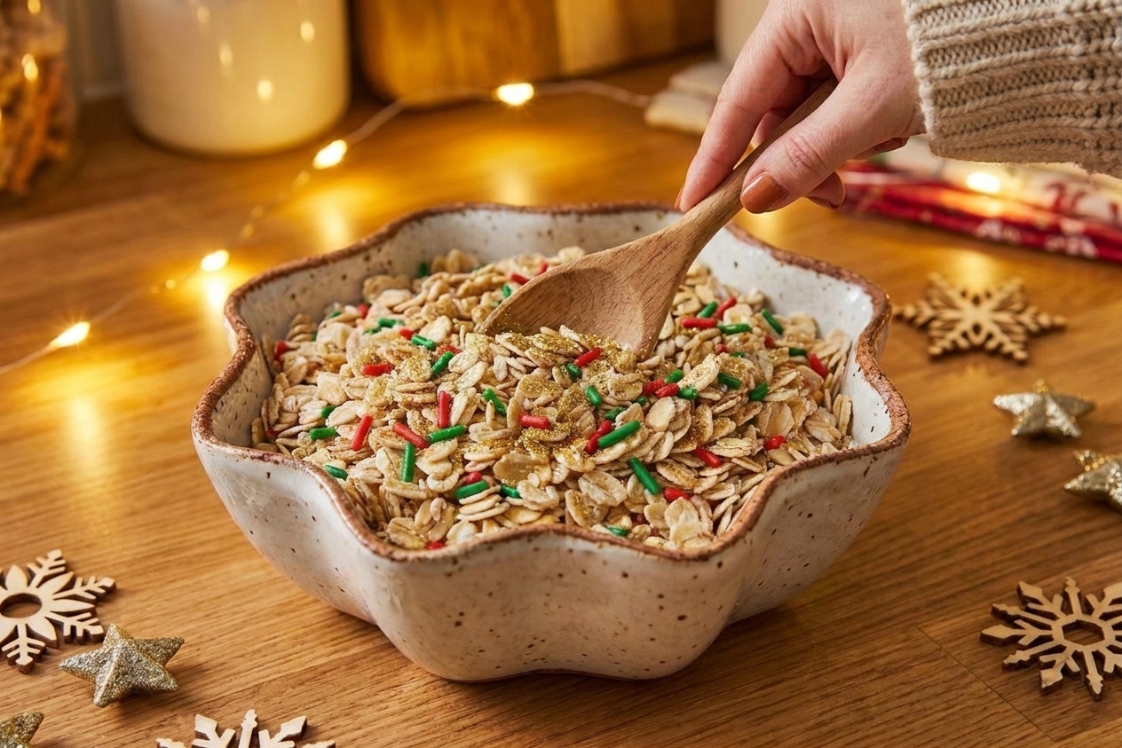 Oats, sprinkles, and edible glitter being stirred together in a bowl with a spoon on a warmly lit kitchen counter