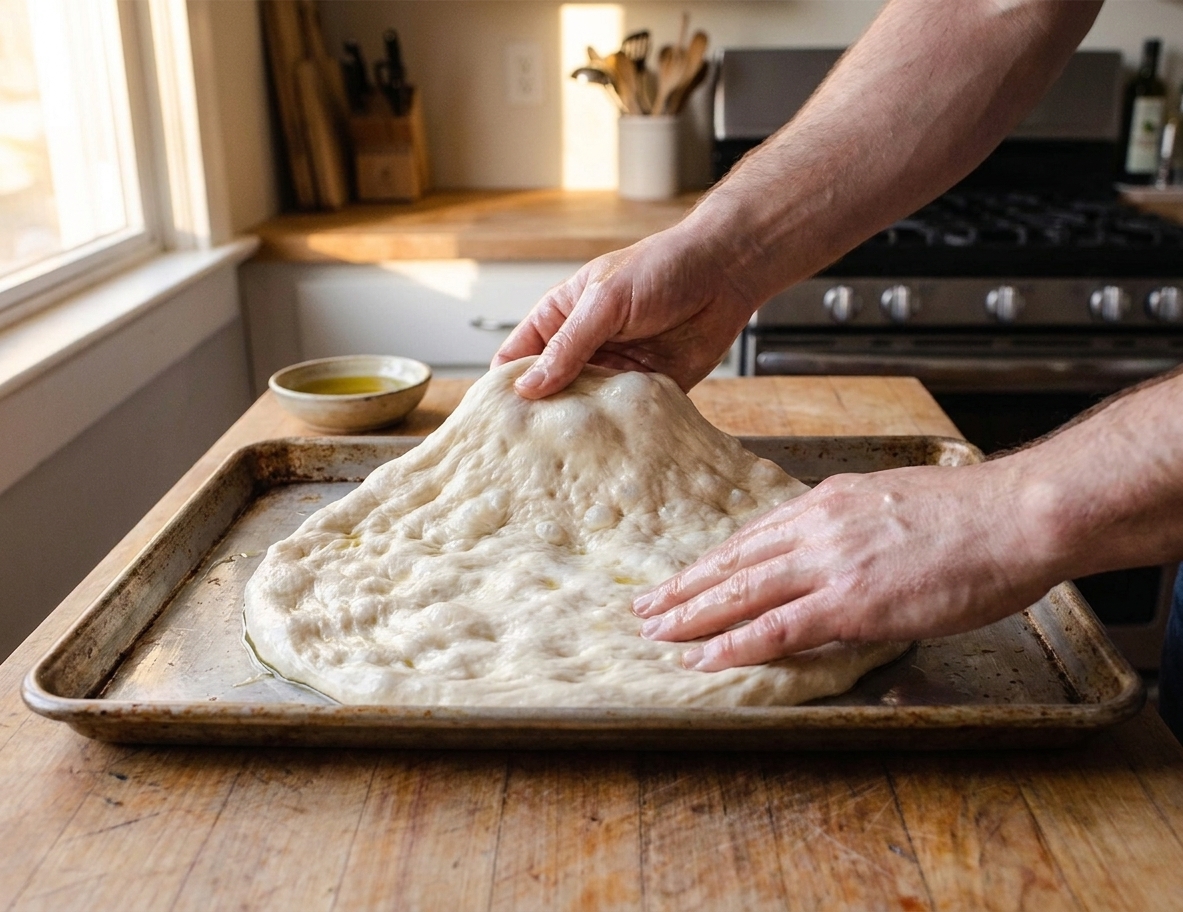Oiled hands stretching soft pizza dough across a rimmed sheet pan on a kitchen counter