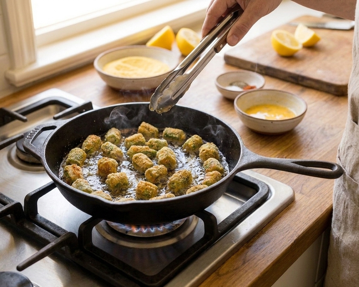 Okra pieces sizzling in hot oil in a cast iron skillet, turning golden brown, with tongs hovering over the pan