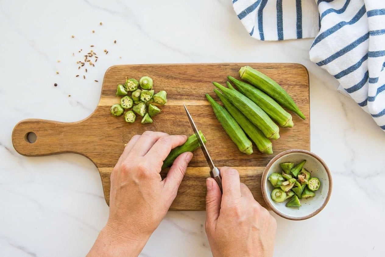 Okra pods being trimmed on a cutting board with a small knife.