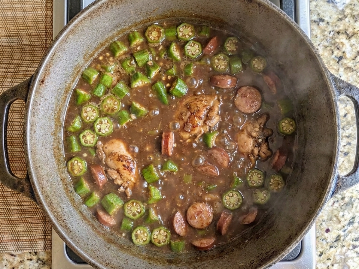 Okra slices floating and simmering in a bubbling pot of gumbo with sausage and chicken pieces visible