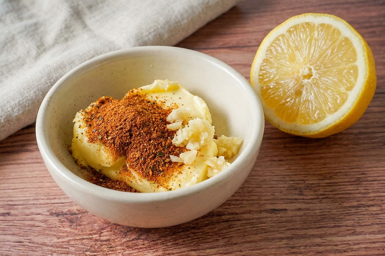 Old Bay seasoning, butter, minced garlic in a bowl, and a halved lemon on a clean kitchen counter