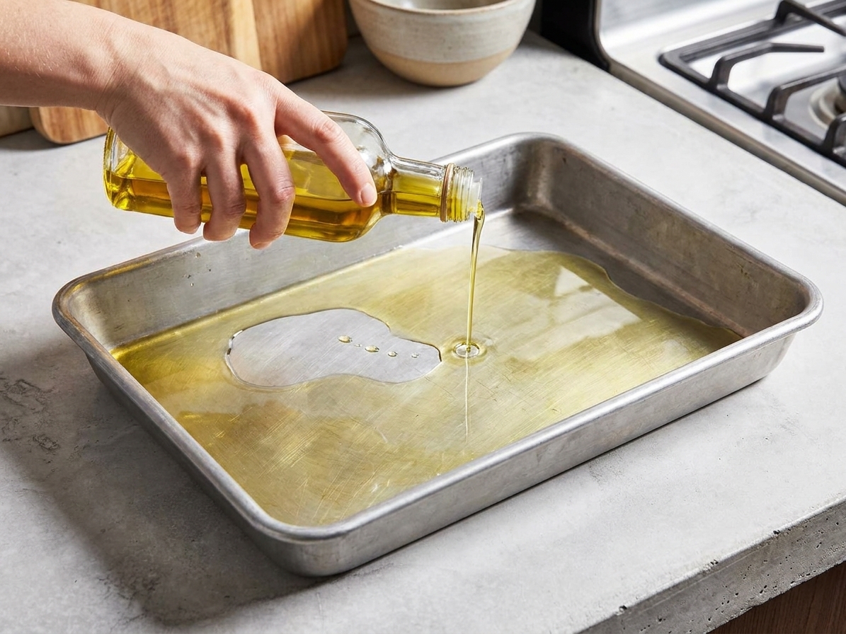 Olive oil being poured into a 9 x 13-inch metal baking pan on a kitchen counter