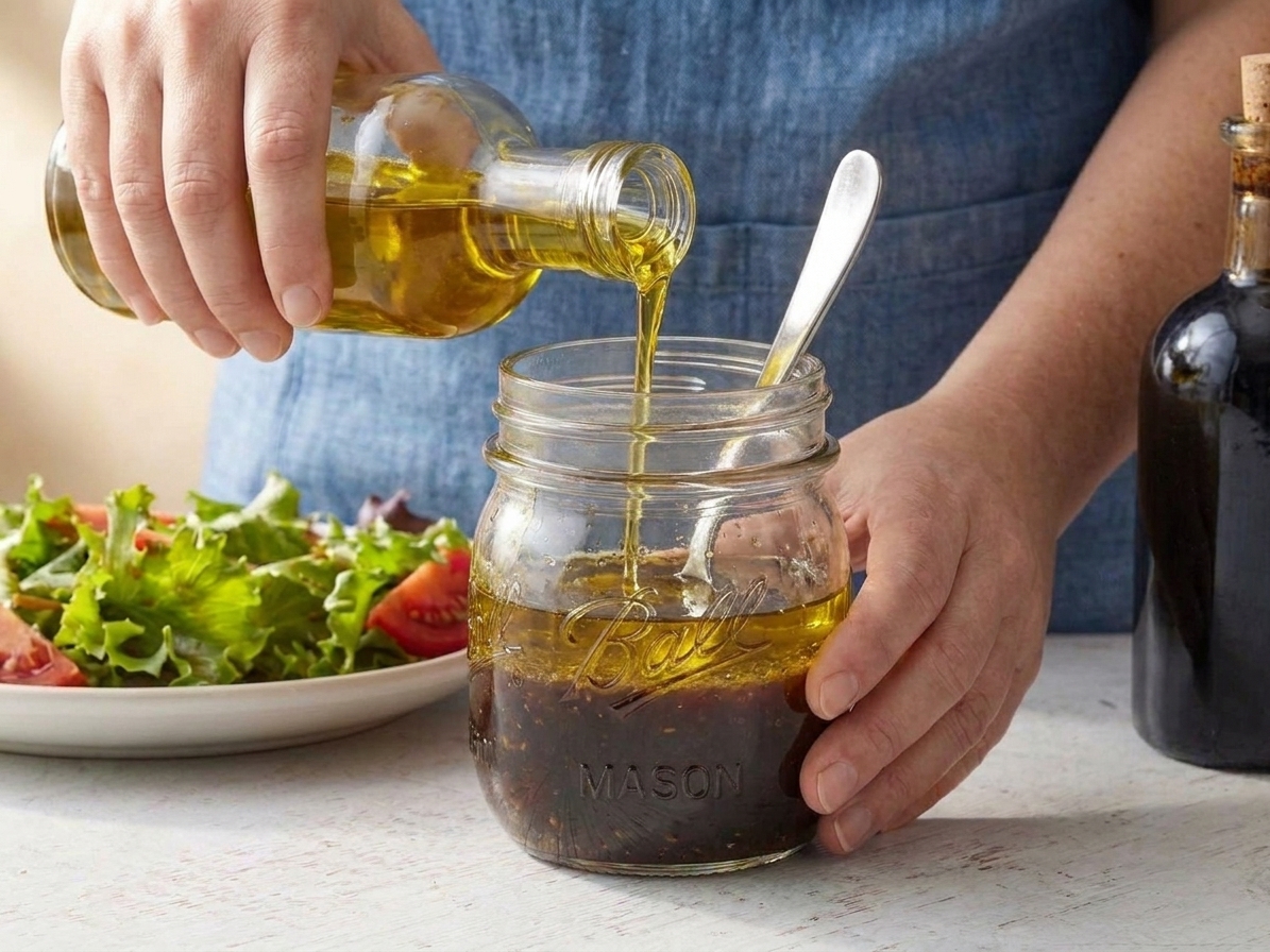 Olive oil being poured into a glass jar containing balsamic mixture before shaking