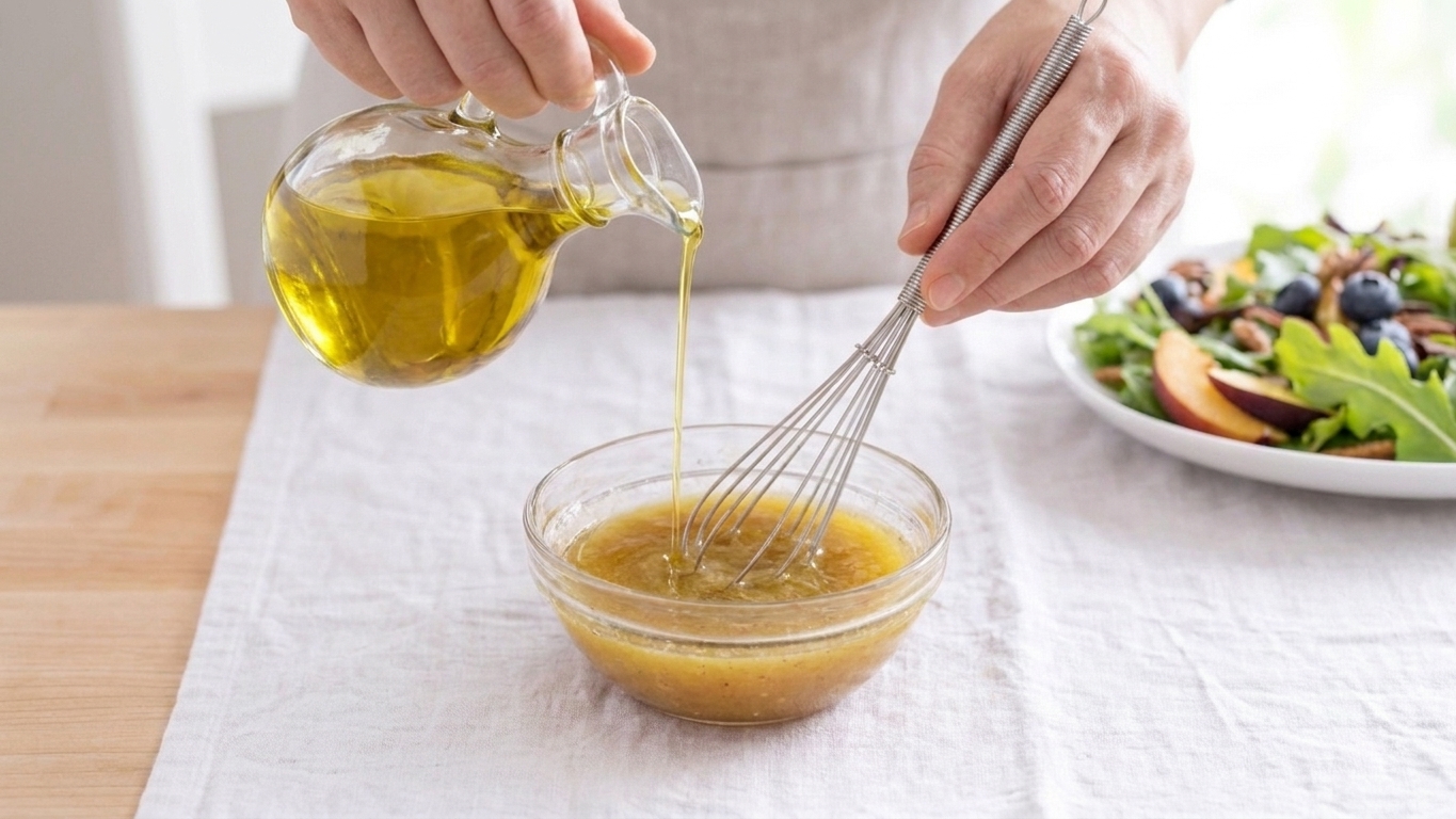 Olive oil being slowly drizzled into a bowl of vinaigrette while a whisk blends it into a smooth dressing
