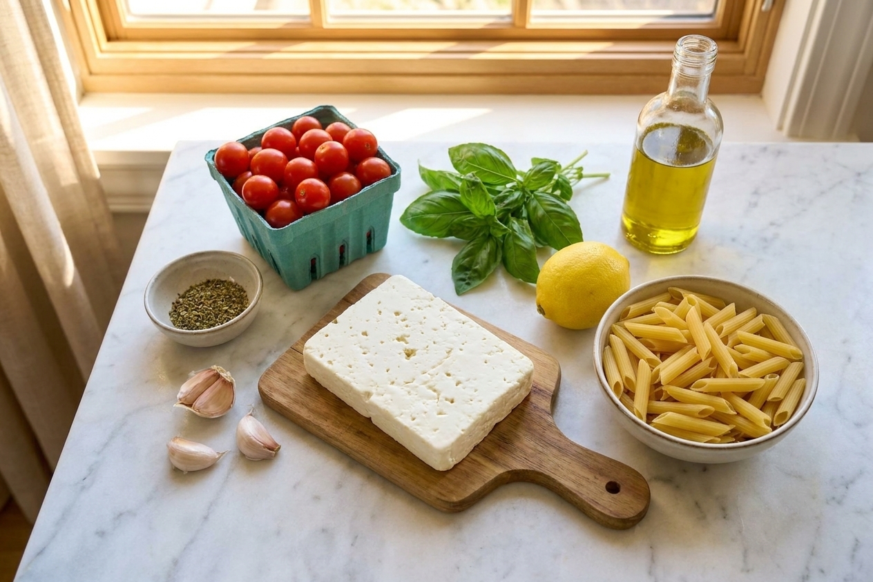 Olive oil, cherry tomatoes, a block of feta, garlic, dried oregano, basil, lemon, and pasta arranged on a kitchen counter in warm natural light