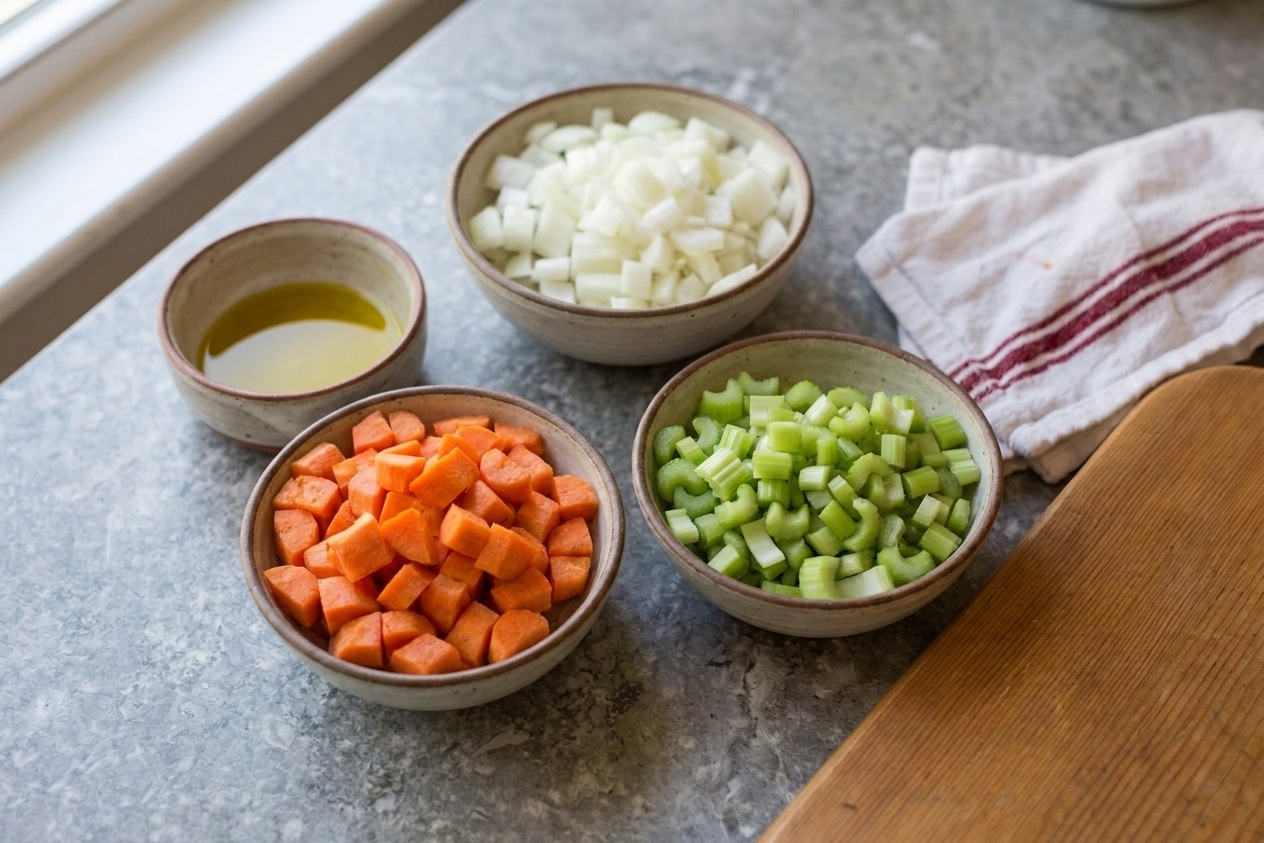Olive oil, diced onion, chopped carrots, and chopped celery arranged in small bowls on a kitchen counter, ready for soup prep