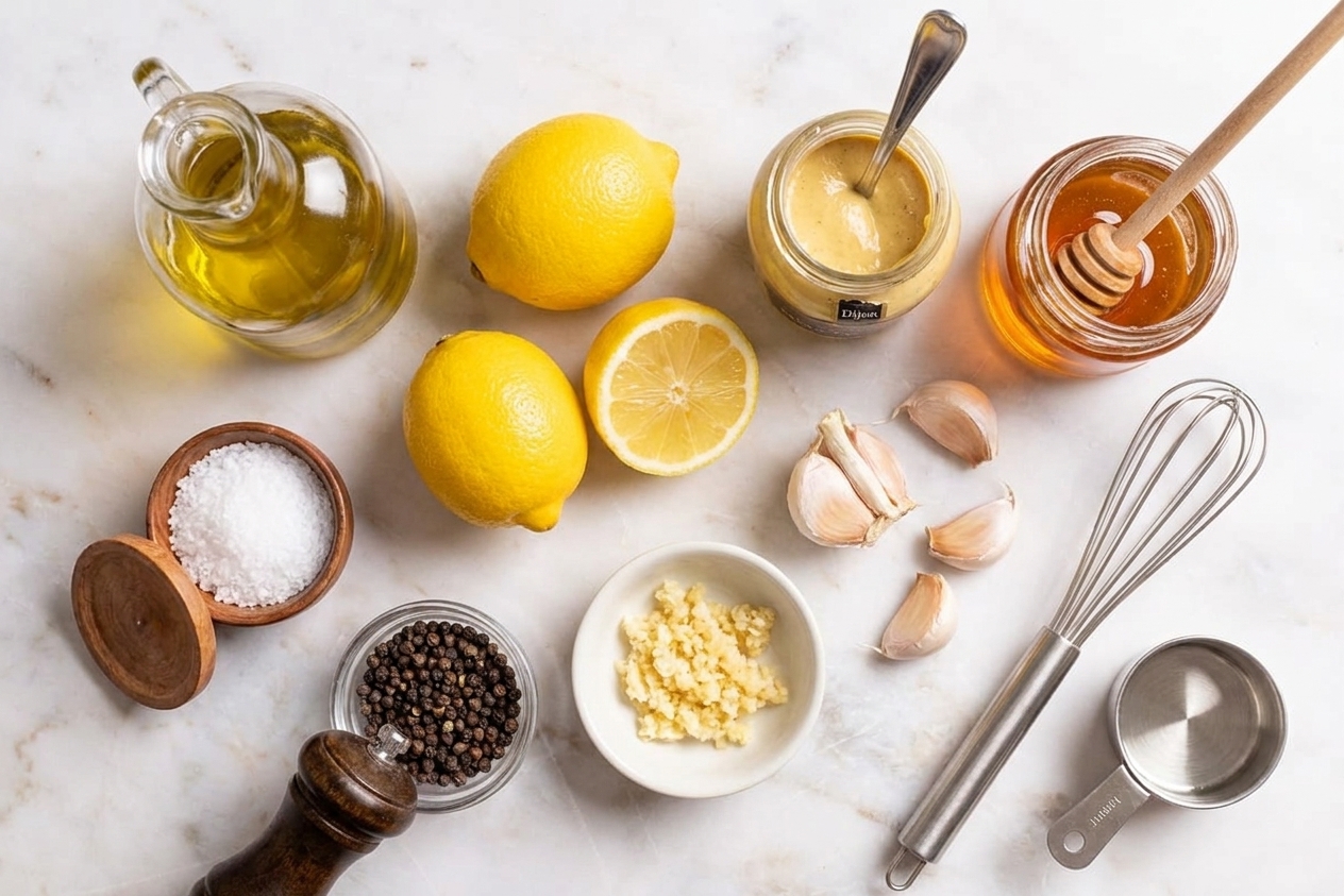 Olive oil, fresh lemons, Dijon mustard, honey, garlic, salt, and pepper arranged on a clean kitchen counter