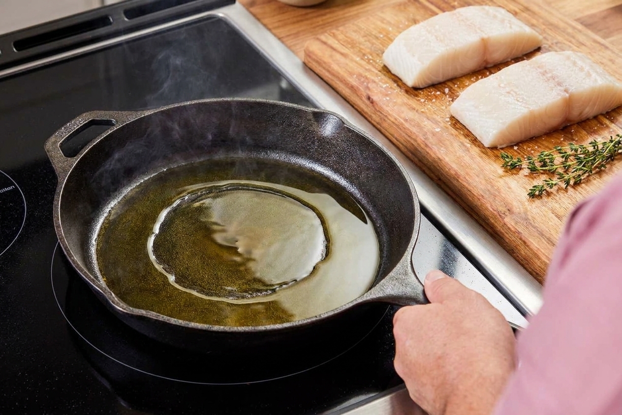 Olive oil heating in a skillet on a stovetop, ready for searing fish