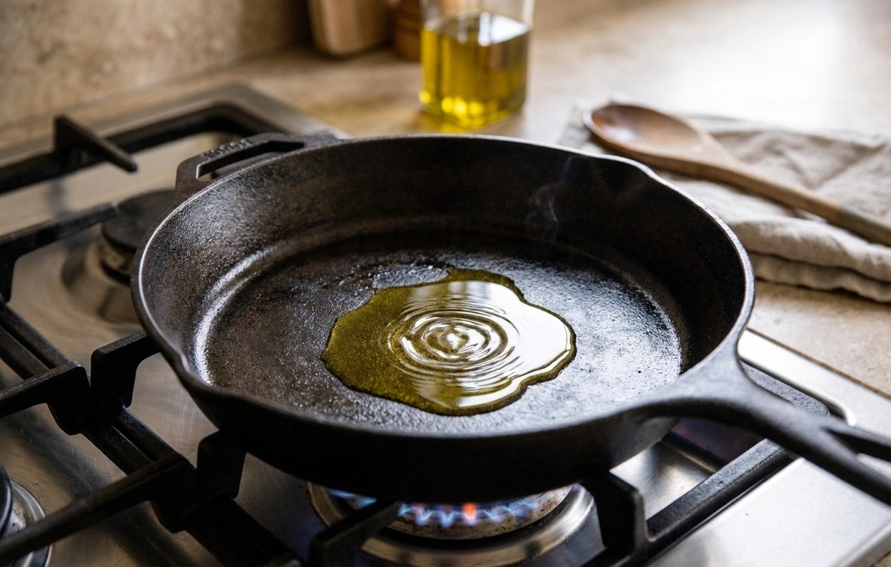 Olive oil shimmering in a hot cast iron skillet on a home stove with neutral countertops