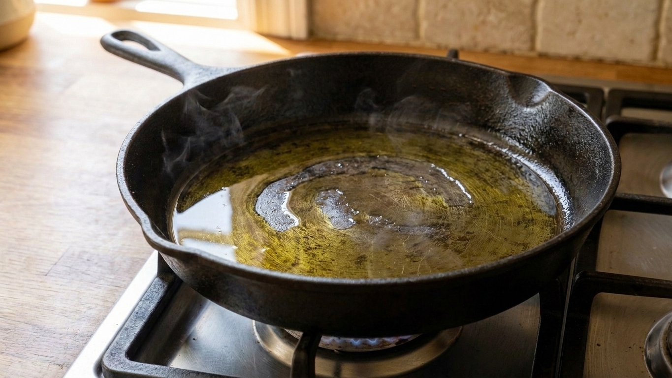 Olive oil shimmering in a large skillet on a home stove, ready for sautéing